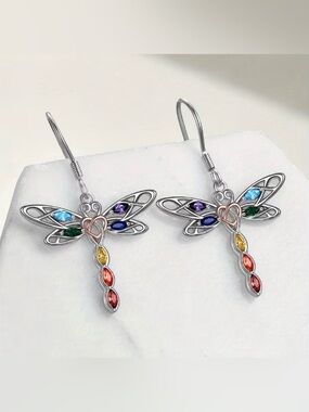 NEW! Silver Multi-Color Dragonfly Drop Earrings - Women Jewelry.